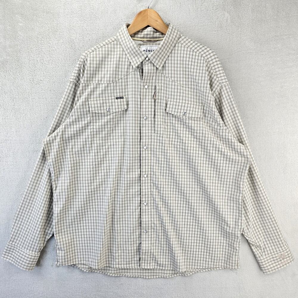 Poncho Shirt Mens XXL Beige Regular Fit Pearl Snap Long Sleeve Western Plaid